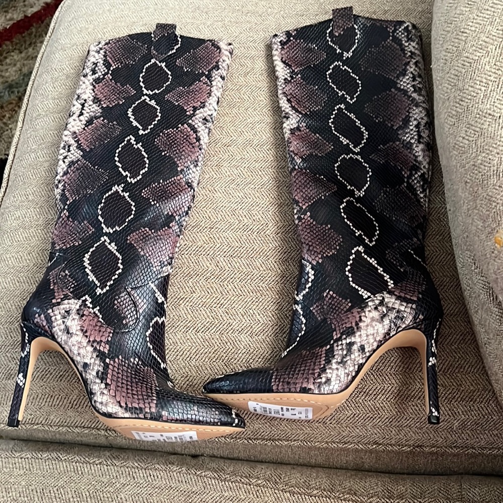 Vince Camuto Black and Brown Snakeskin Pointed Toe Knee Boots
